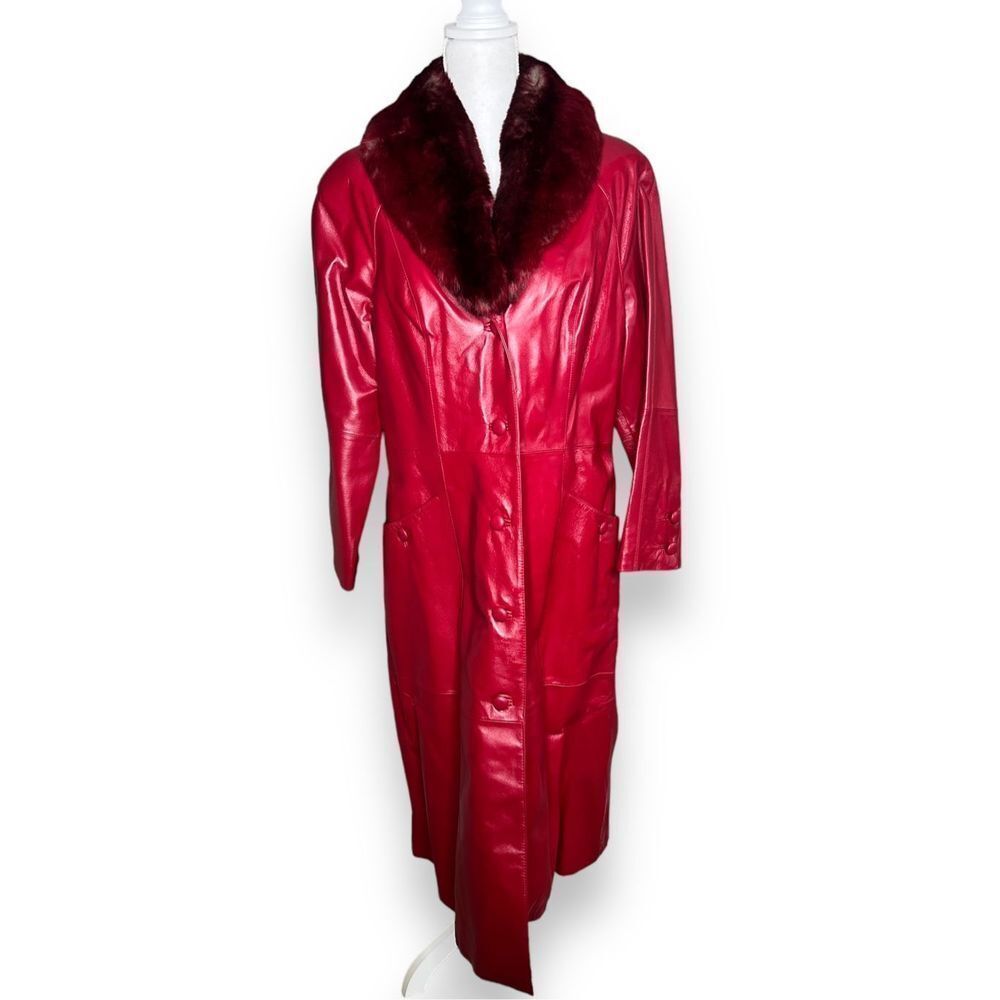 NWT Terry Lewis Classic Luxuries red leather long coat with faux fur hood - size